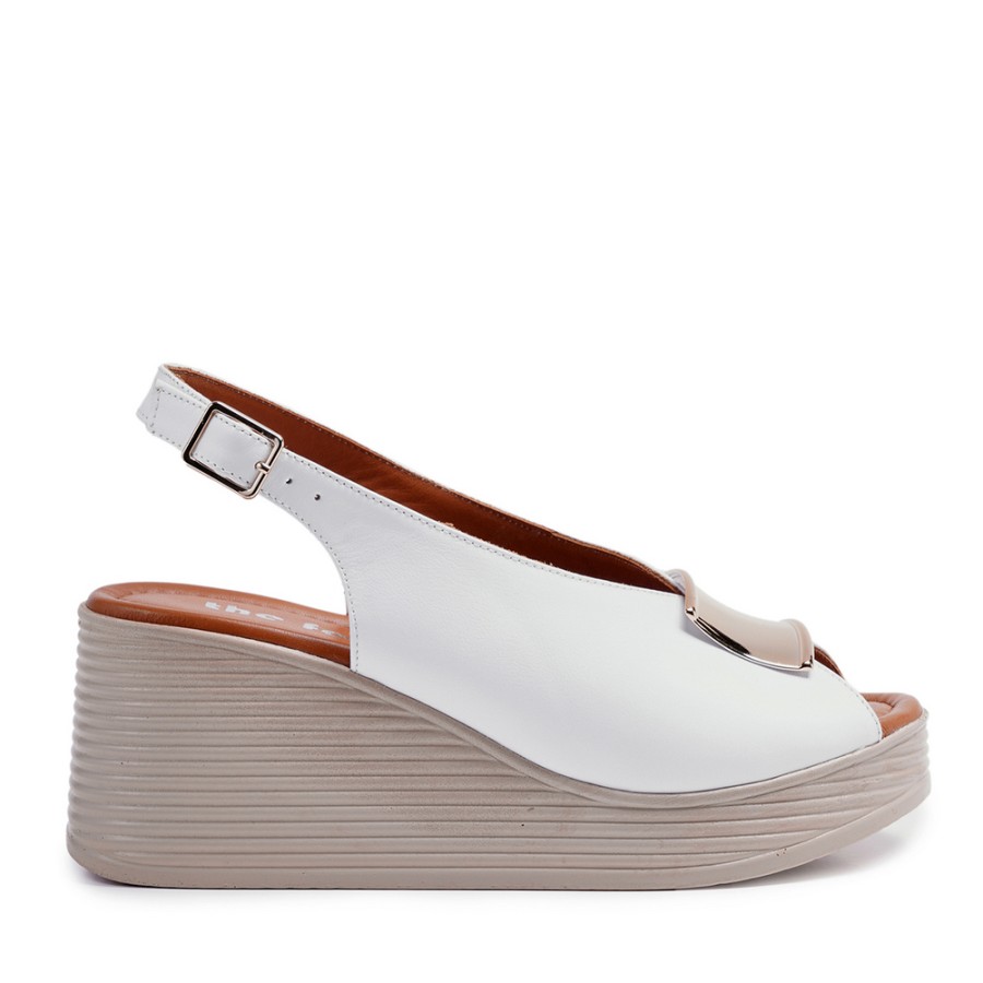 Zeytuk Beyaz Hakiki Deri Kadın Sandalet  