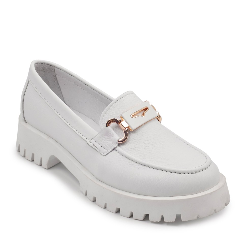 Zeytuk Beyaz Hakiki Deri Loafer Kadın Ayakkabı 