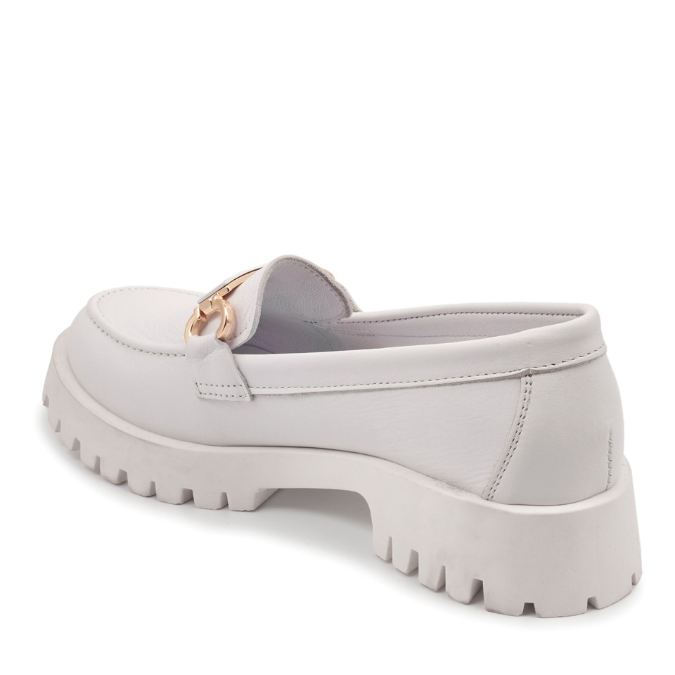 Zeytuk Beyaz Hakiki Deri Loafer Kadın Ayakkabı 