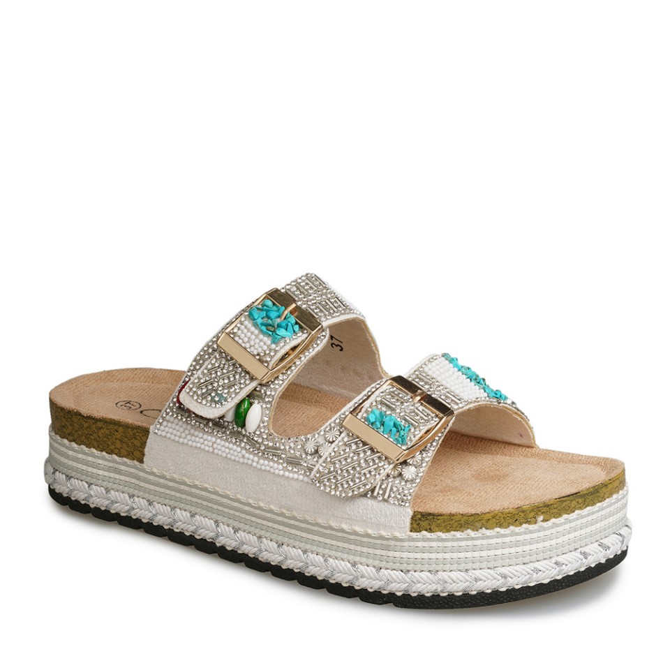 Zeytuk Beyaz Taşlı Tekstil Kadın Terlik