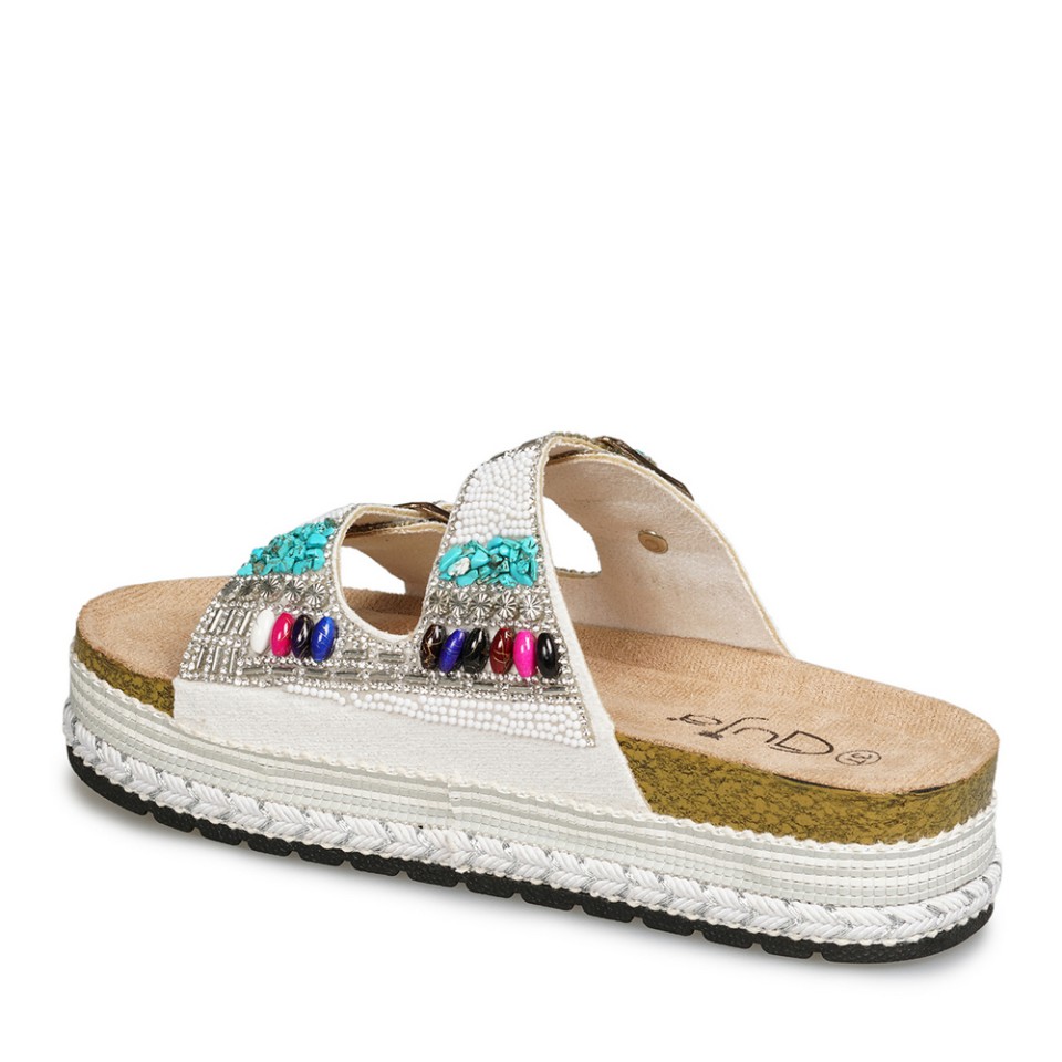 Zeytuk Beyaz Taşlı Tekstil Kadın Terlik 