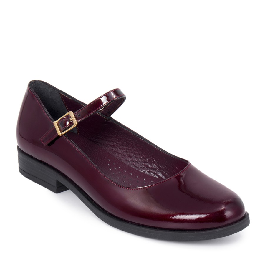 Zeytuk Bordo Hakiki Deri Mary Jane Kadın Ayakkabı