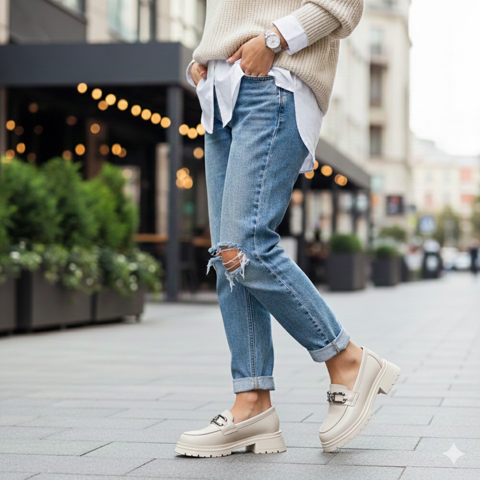 Zeytuk Casual Hakiki Deri Krem Kadın Ayakkabı