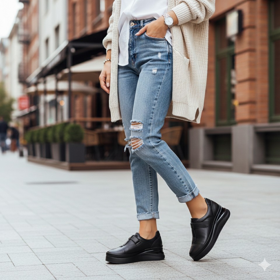 Zeytuk Casual Hakiki Deri Siyah Kadın Ayakkabı