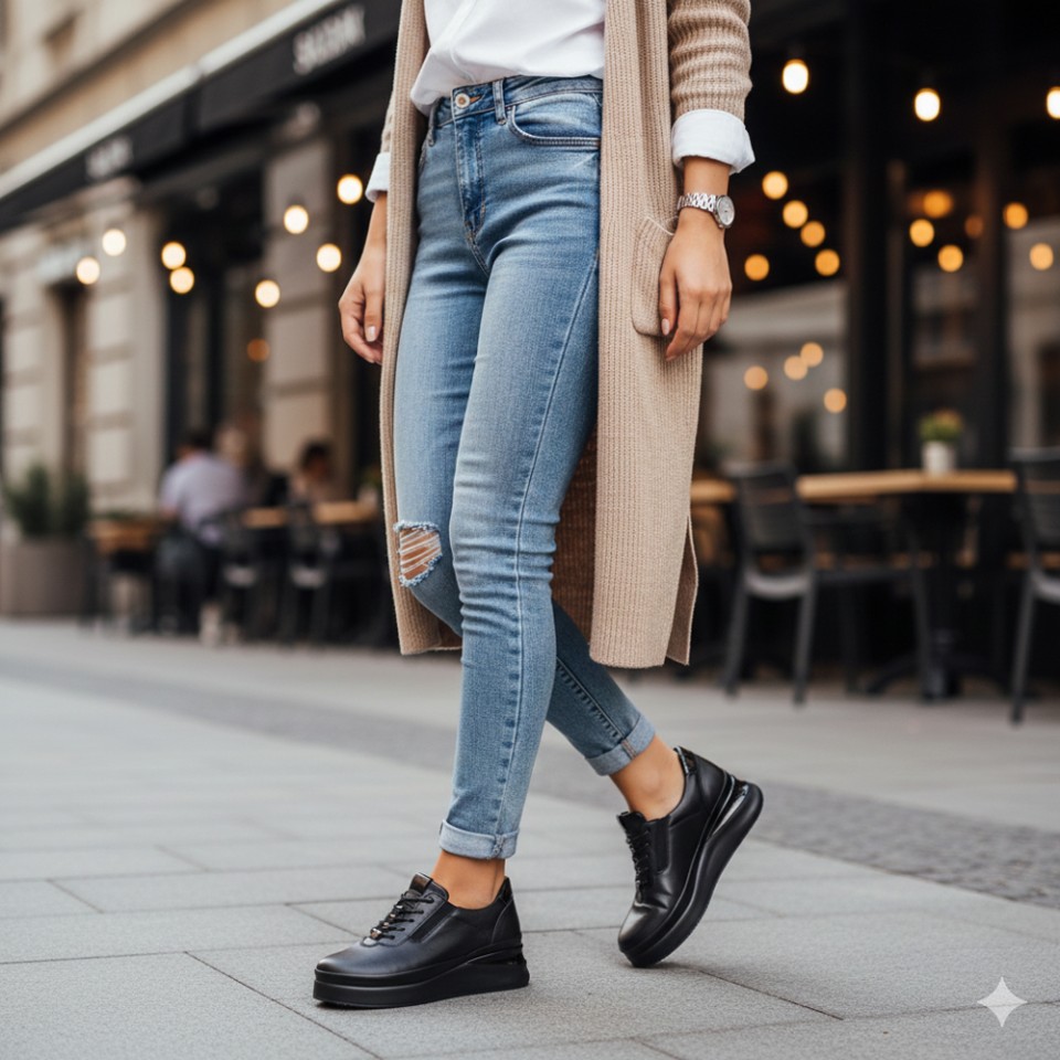 Zeytuk Casual Hakiki Deri Siyah Kadın Ayakkabı