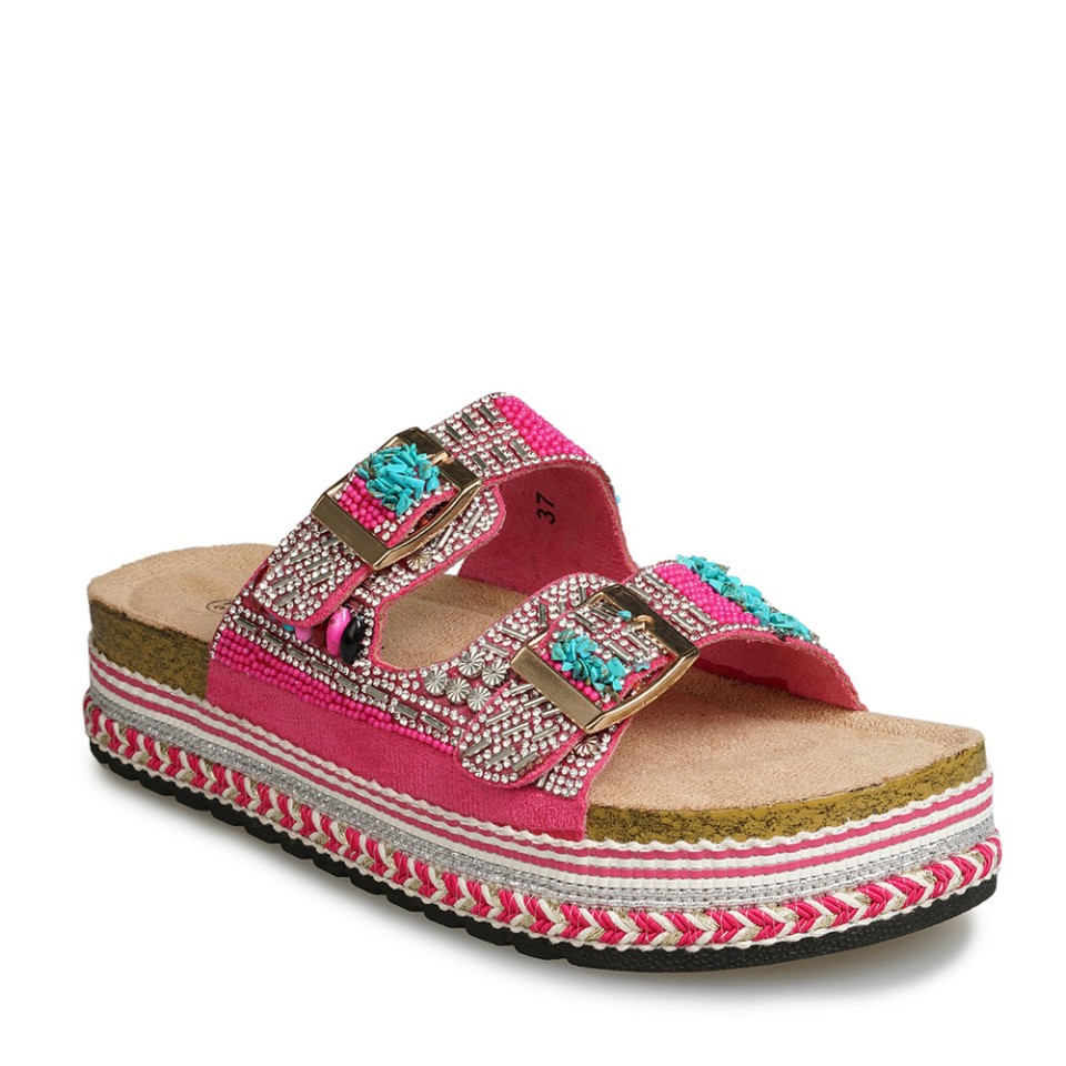 Zeytuk Fuşya Taşlı Tekstil Kadın Terlik