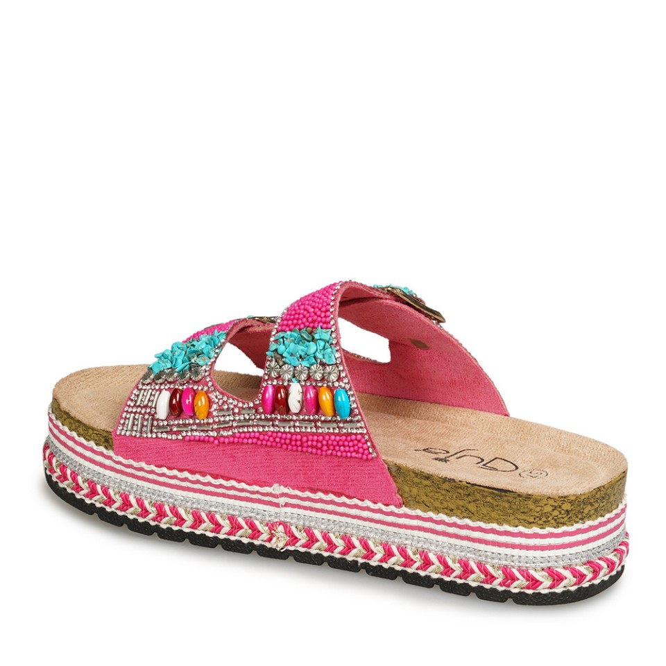 Zeytuk Fuşya Taşlı Tekstil Kadın Terlik