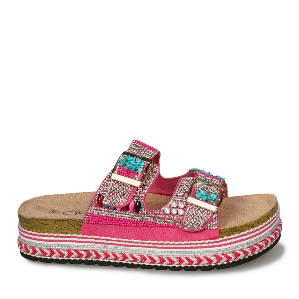 Zeytuk Fuşya Taşlı Tekstil Kadın Terlik 