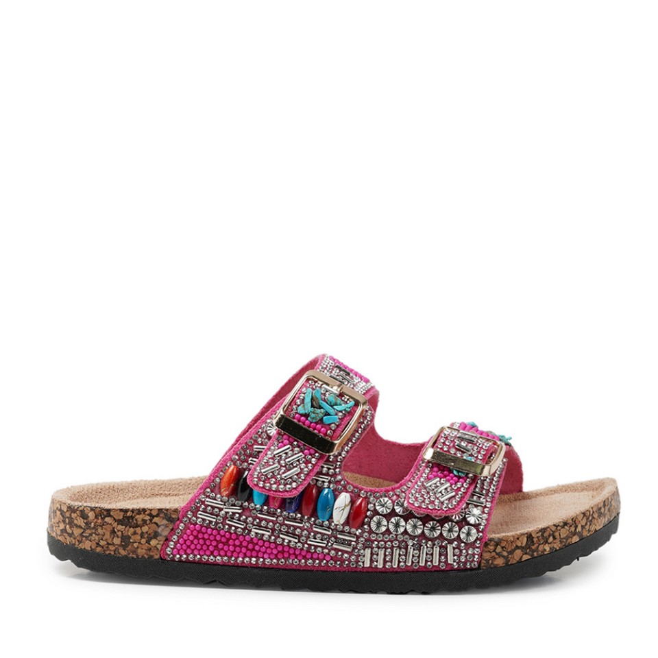 Zeytuk Fuşya Taşlı Tekstil Kadın Terlik 