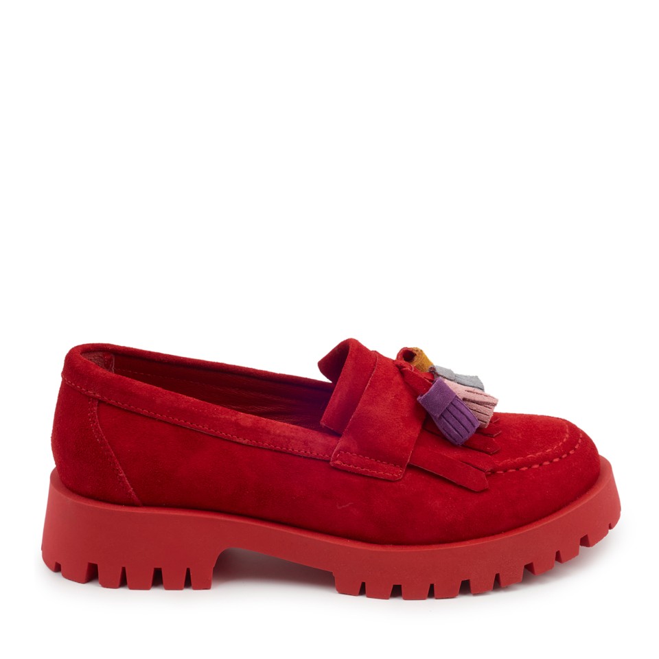 Zeytuk Kırmızı Süet Loafer Kadın Ayakkabı