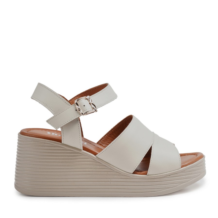 Zeytuk Krem Hakiki Deri Kadın Sandalet  