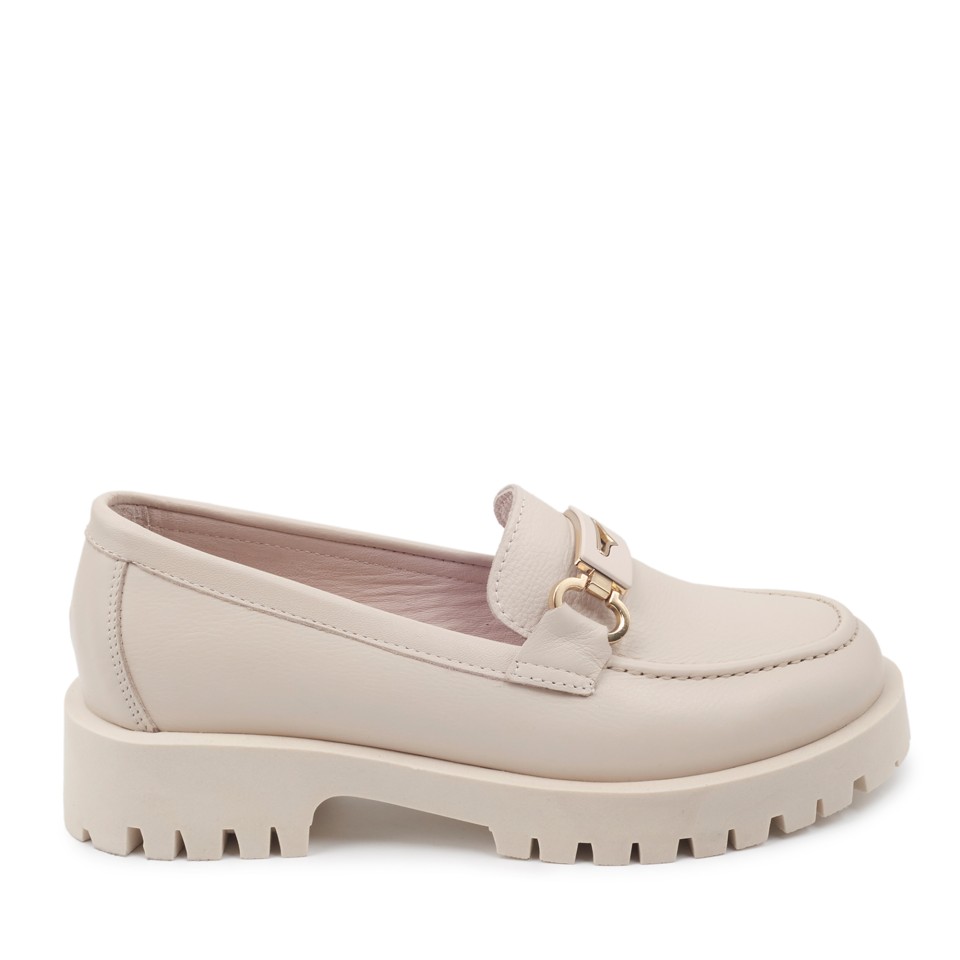 Zeytuk Krem Hakiki Deri Loafer Kadın Ayakkabı 