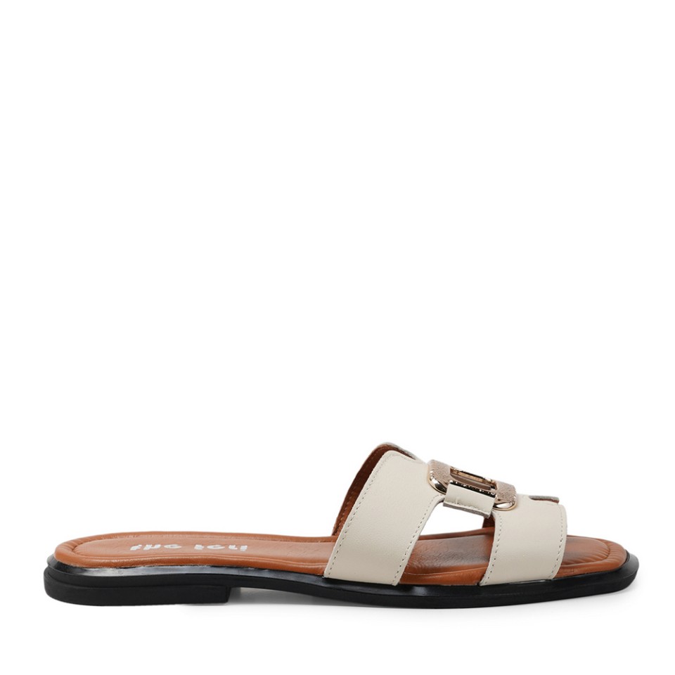 Zeytuk Krem Terlik Deri Kadın Terlik 