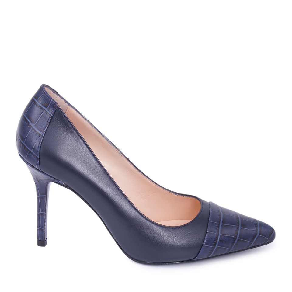 Zeytuk Lacivert Hakiki Deri Topuklu Kadın Ayakkabı 