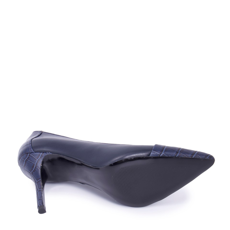 Zeytuk Lacivert Hakiki Deri Topuklu Kadın Ayakkabı