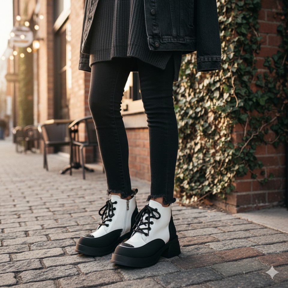 Zeytuk Siyah-Beyaz Casual Rugan Deri Kadın Bot