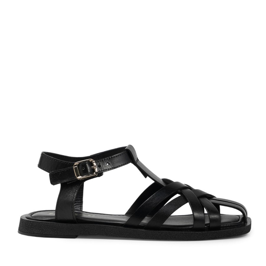 Zeytuk Siyah Hakiki Deri Kadın Sandalet  