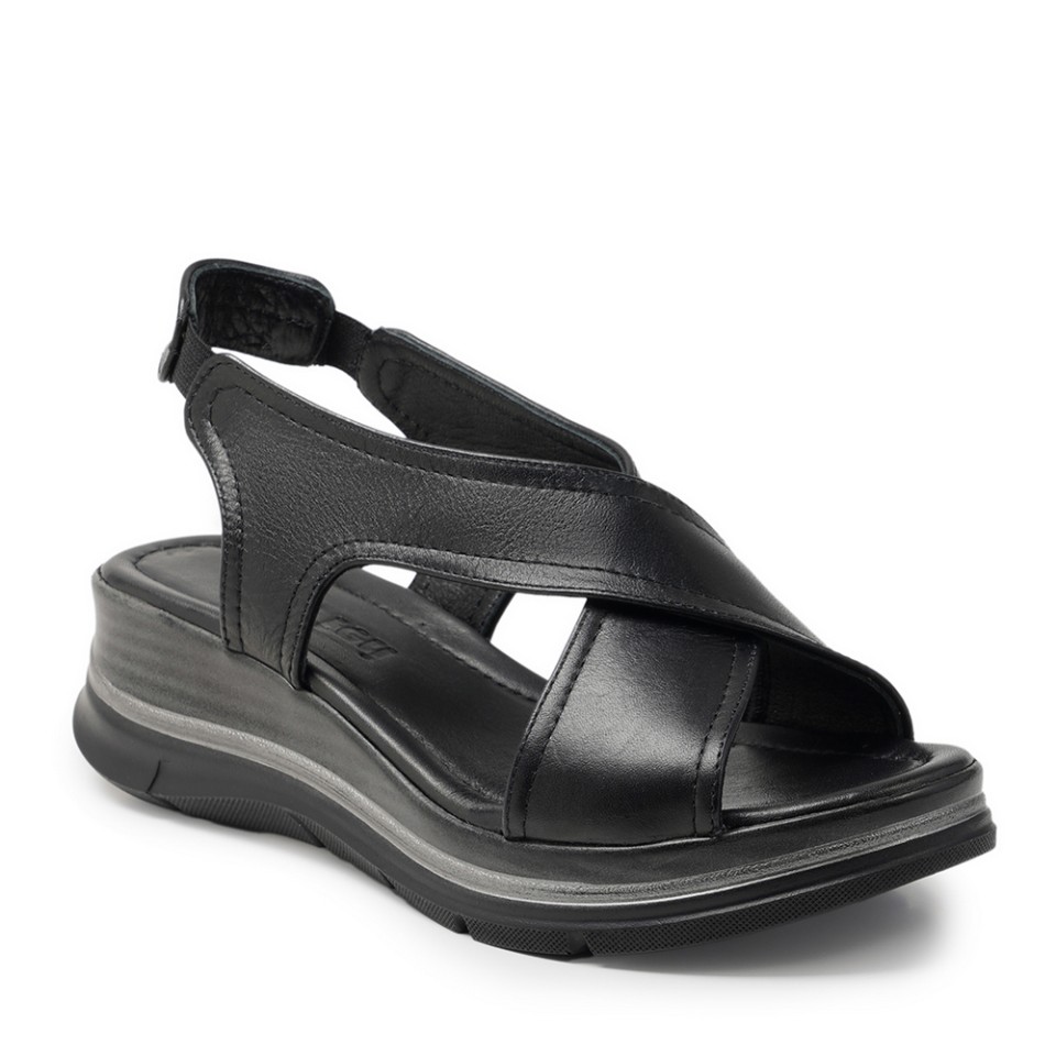 Zeytuk Siyah Hakiki Deri Kadın Sandalet