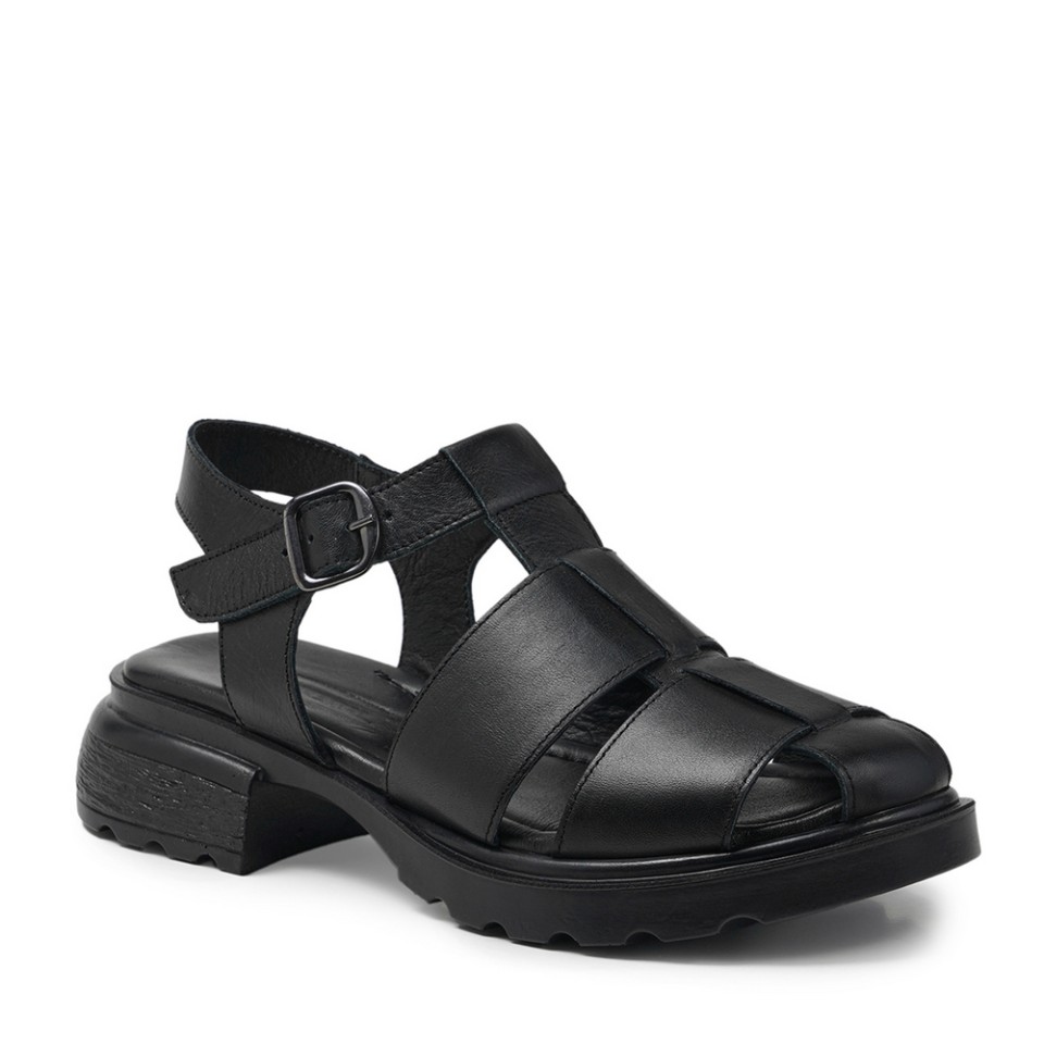 Zeytuk Siyah Hakiki Deri Kadın Sandalet