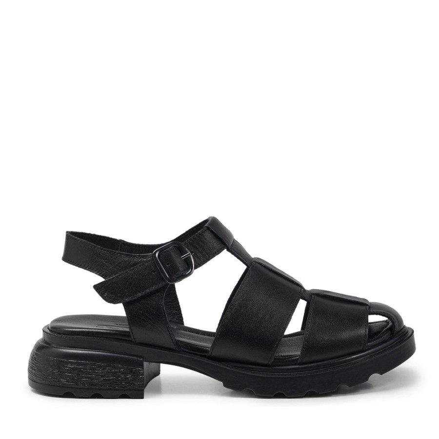 Zeytuk Siyah Hakiki Deri Kadın Sandalet  