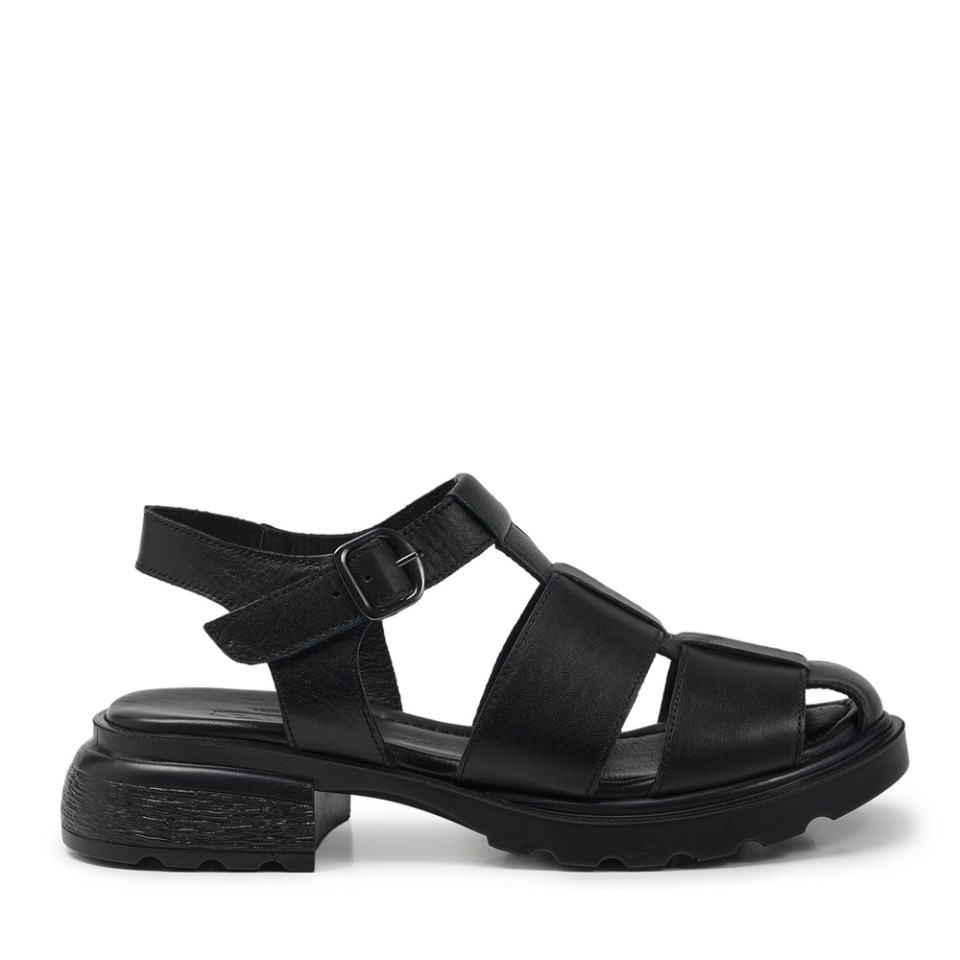 Zeytuk Siyah Hakiki Deri Kadın Sandalet  