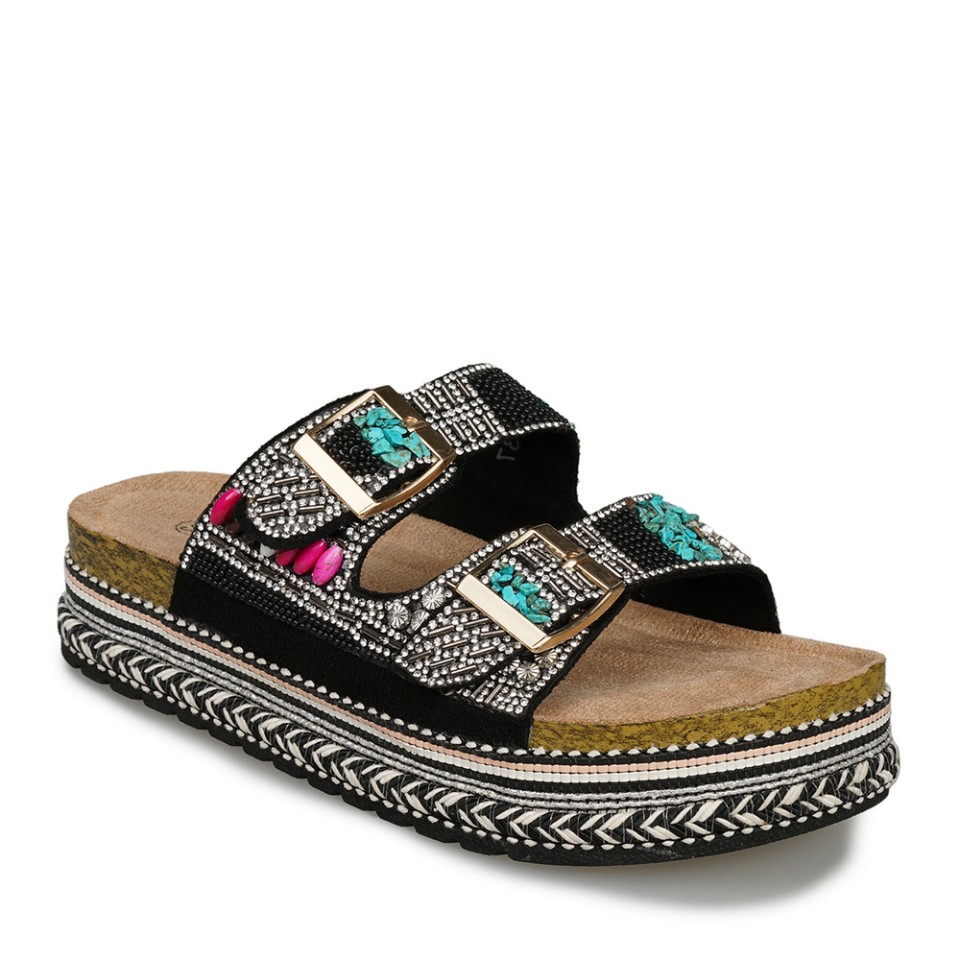 Zeytuk Siyah Taşlı Tekstil Kadın Terlik