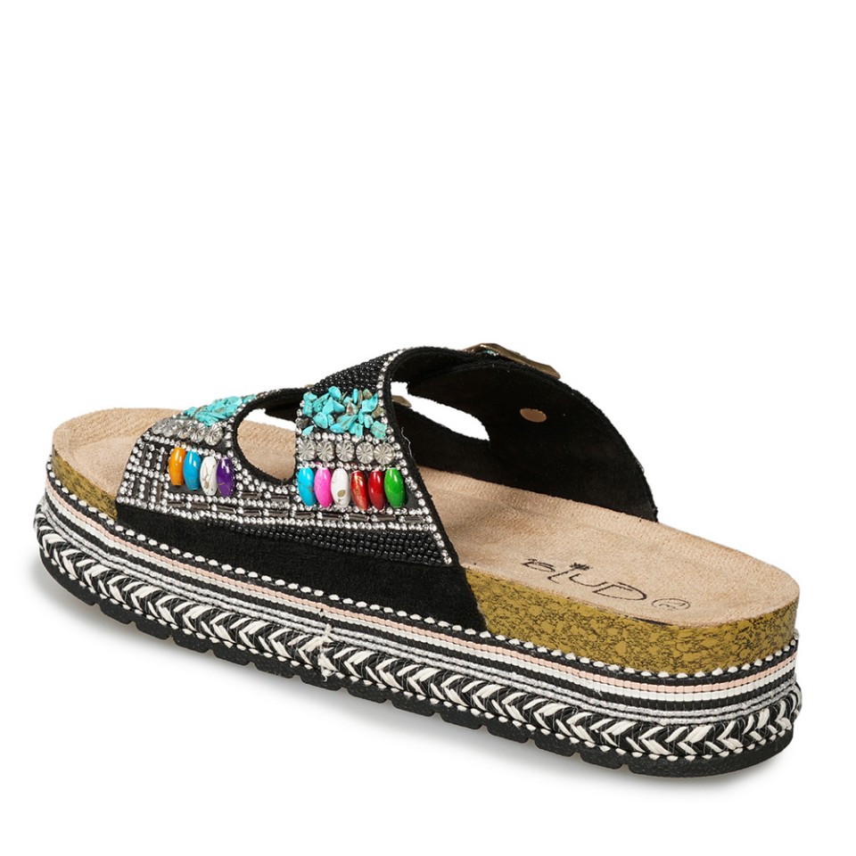 Zeytuk Siyah Taşlı Tekstil Kadın Terlik