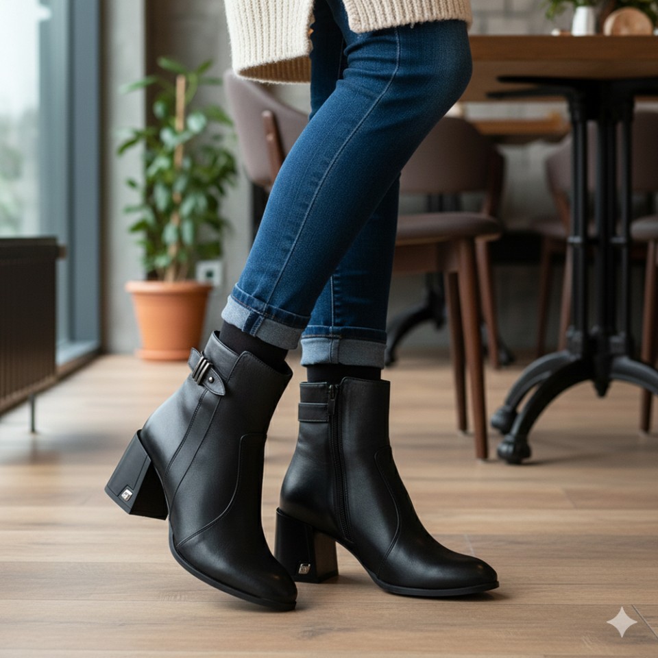 Zeytuk Topuklu Hakiki Deri Siyah Kadın Bot