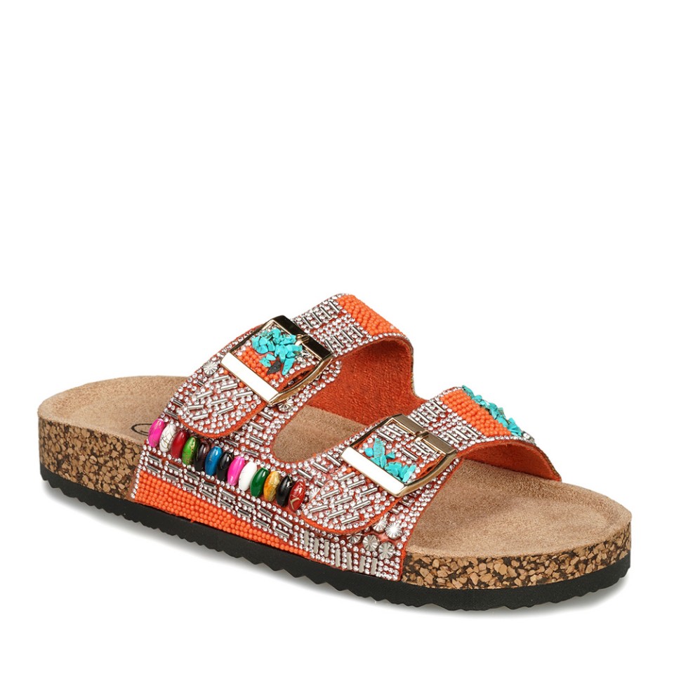 Zeytuk Turuncu Taşlı Tekstil Kadın Terlik