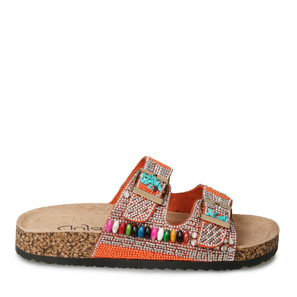 Zeytuk Turuncu Taşlı Tekstil Kadın Terlik 