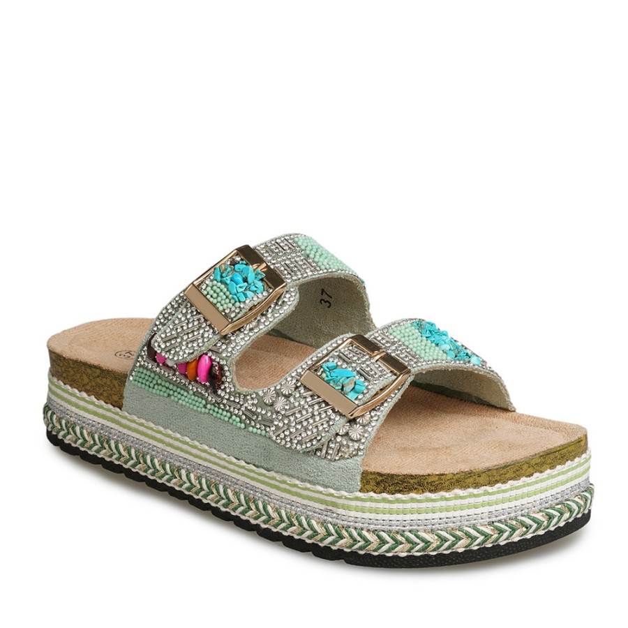 Zeytuk Yeşil Taşlı Tekstil Kadın Terlik 