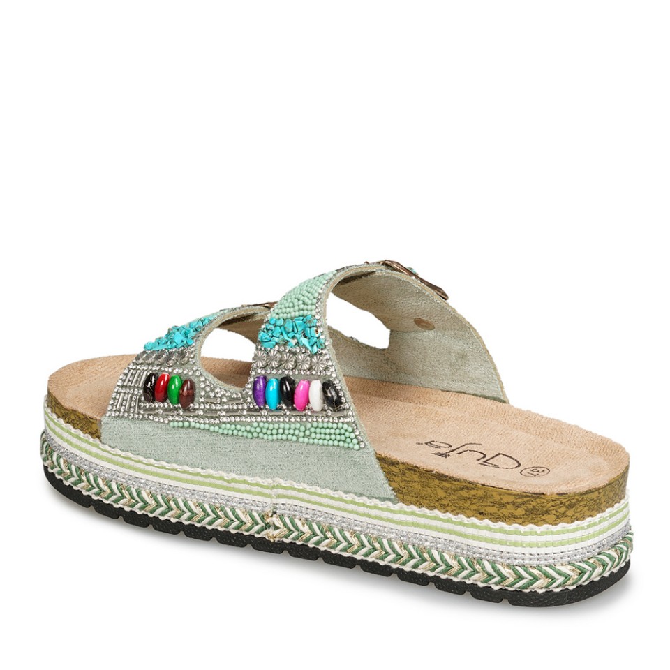 Zeytuk Yeşil Taşlı Tekstil Kadın Terlik